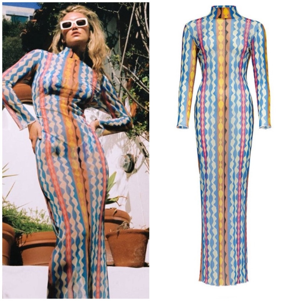 Montce Abstract Mesh Maxi Dress Cover Up Blue Pink Size XS
